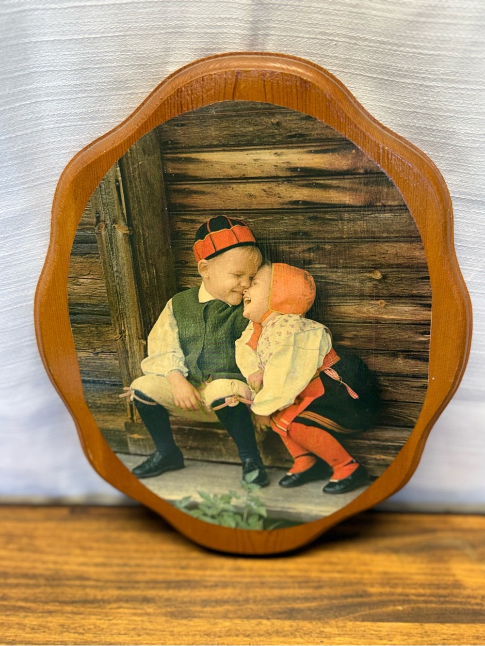 Vintage Scandinavian Children Folk Costume Wood Wall Plaque Art 12x10